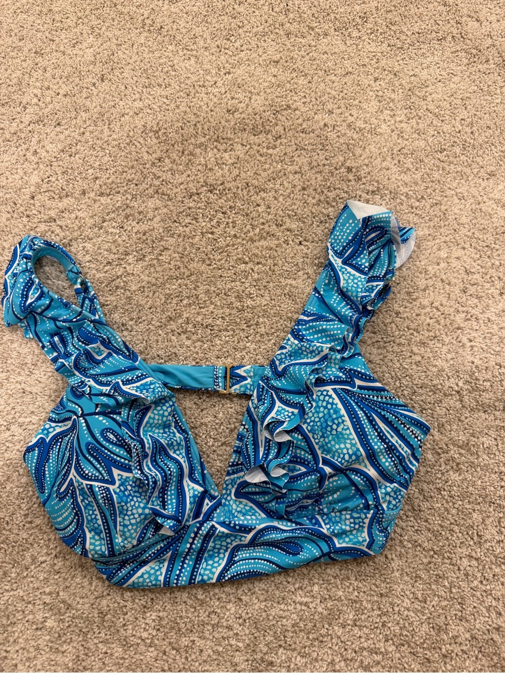 Blue Patterned Ruffle-Trim Bikini Top
